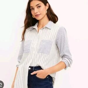 Ann Taylor Blue and White Striped Button-Down Shirt